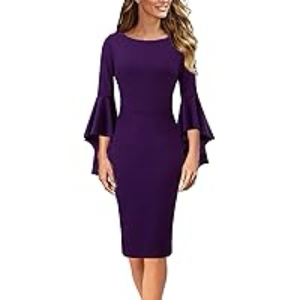 Elegant Purple Bell-Sleeve Sheath Dress